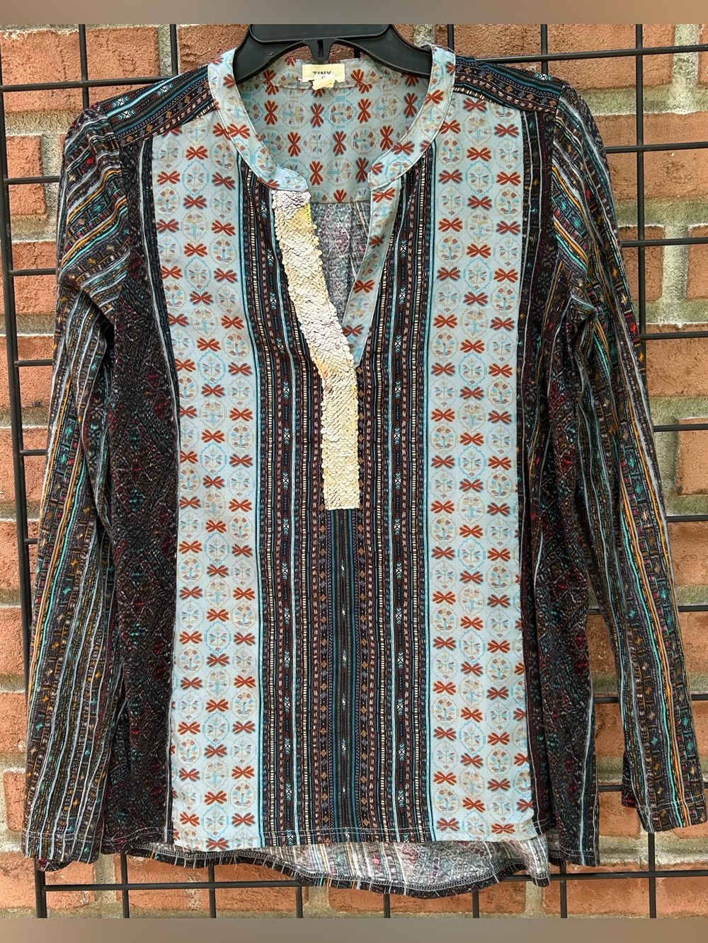 Anthropologie Boho Striped Embroidered Long-Sleeve Tunic - Light Blue & Multi